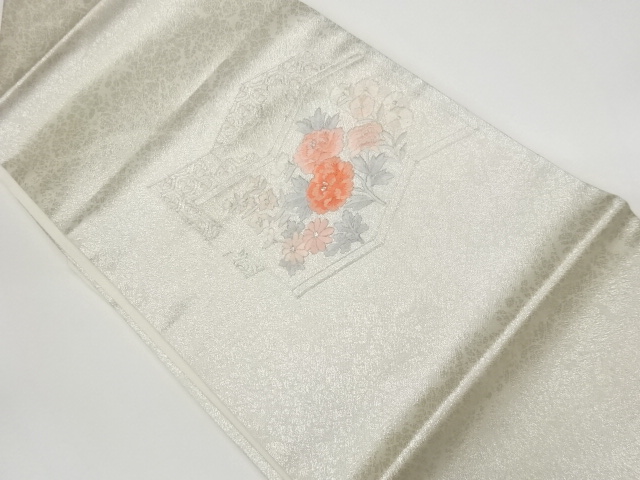 JAPANESE KIMONO / VINTAGE NAGOYA OBI / EMBROIDERY / FLOWERS & FOLDING SCREEN PATTERN